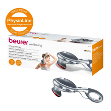 Η εικόνα δείχνει μια Beurer συσκευή μασάζ υπερύθρων MG 70 | Συσκευασία (1 τεμάχιο) από την Beurer GmbH. Η συσκευασία τονίζει τις λειτουργίες του σε πολλές γλώσσες. Η ίδια η συσκευή διαθέτει, εκτός από τη συσκευασία, μια αποσπώμενη λαβή και υπέρυθρους κόμβους για θεραπεία μασάζ με χτυπήματα. Επιπλέον, φαίνεται ένα λογότυπο PhysioLine.