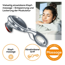 Στα αριστερά απεικονίζεται μια Beurer συσκευή μασάζ υπερύθρων MG 70 με αποσπώμενη λαβή. Στα δεξιά, μια γυναίκα ξεκουράζεται με κλειστά μάτια και χαμογελαστό πρόσωπο πάνω σε διπλωμένα χέρια. Το κείμενο είναι στα Γερμανικά και τονίζει πλεονεκτήματα όπως η χαλάρωση των μυών και η ευελιξία.