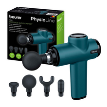 Εικόνα ενός συμπαγούς Beurer MG 99 πιστολιού μασάζ με τέσσερα εναλλάξιμα εξαρτήματα στο μπροστινό μέρος. Το μπλε πιστόλι μασάζ της Beurer GmbH, εξοπλισμένο με μια ισχυρή μπαταρία λιθίου-ιόντων, εμφανίζεται εμφανώς δίπλα στο κουτί συσκευασίας, το οποίο περιέχει μια εικόνα του πιστολιού και των εξαρτημάτων καθώς και λεπτομέρειες προϊόντος σε πολλές γλώσσες.