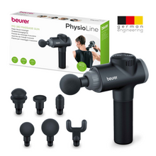 Εικόνα της συσκευής μασάζ μυών Beurer MG 180 Massage Gun από την Beurer GmbH. Στη συσκευασία φαίνεται η συσκευή να χρησιμοποιείται στην πλάτη ενός ατόμου, προσφέροντας στοχευμένο μασάζ μυών. Το σετ περιλαμβάνει έξι εναλλάξιμες κεφαλές μασάζ για διάφορους τύπους μασάζ. Η συσκευασία φέρει την εκτύπωση «PhysioLine» και ένα σύμβολο για «Γερμανική Μηχανική».