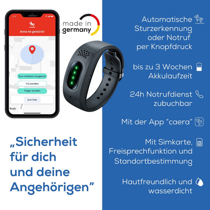 Ein Smartphone zeigt eine Notruf-App und ein schwarzes Beurer Notfallarmband EC 70 SafePlus. Deutscher Text hebt automatische Sturzerkennung, lange Akkulaufzeit, Notruffunktion, wasserdichtes Design und Hautverträglichkeit hervor.