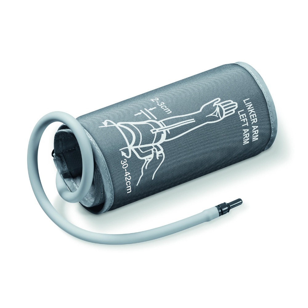 Die Beurer GmbH XL-Manschette für Oberarm-Blutdruckmessgerät BM 58 (Auslaufartikel, 1 Stück) ist eine graue Manschette (30-42 cm) mit Schlauch für den linken Arm, mit entsprechender Platzierungsdarstellung und Messbereichen auf der Packung.