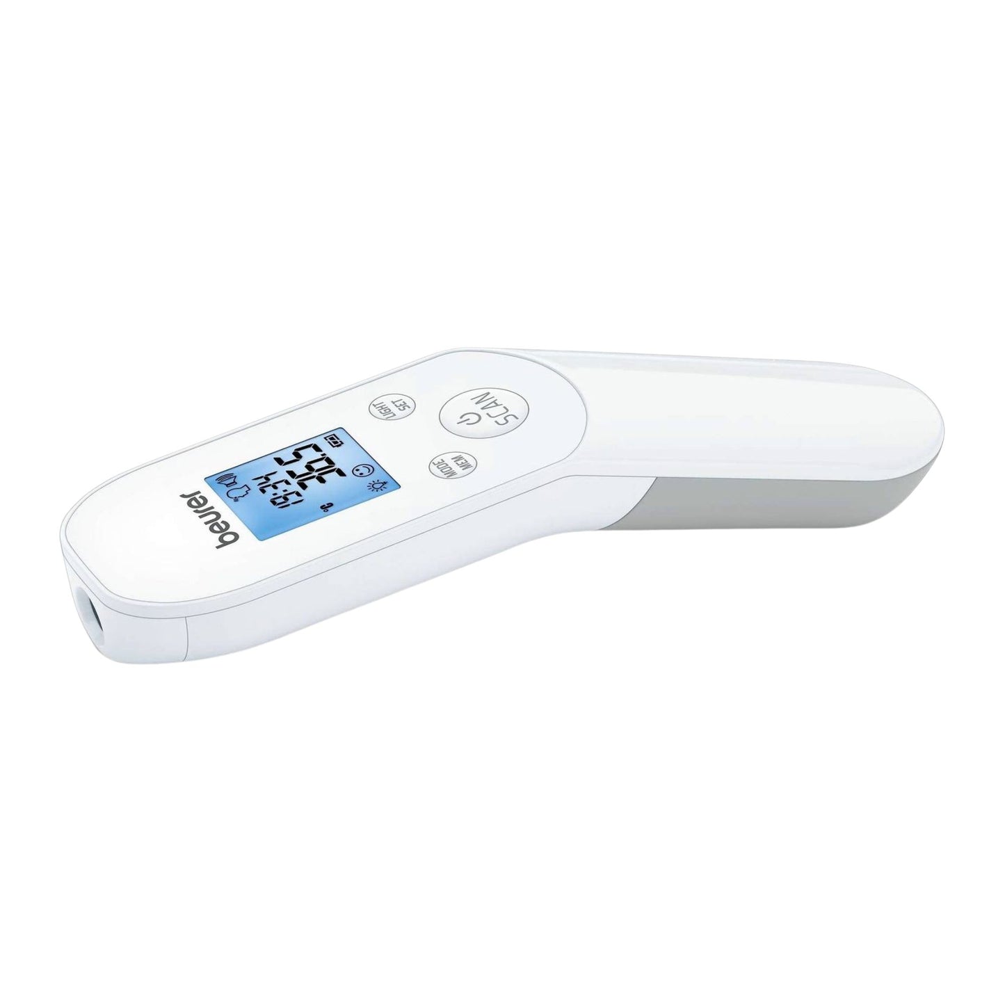 Der Auslaufartikel: Beurer kontaktloses Fieberthermometer FT 85 (1 Stück) der Beurer GmbH mit weißem Design, Display mit 35,6°C, mehreren Tasten und "Beurer"-Schriftzug für einfache und hygienische Temperaturmessung.