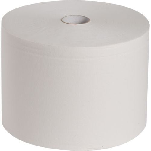 Ένα μεγάλο, λευκό ρολό πανιών WypAll® L20 EXTRA από την Kimberly-Clark GmbH, με 1.000 πανιά σε ένα ρολό, παρουσιάζεται μπροστά από ένα απλό λευκό φόντο.
