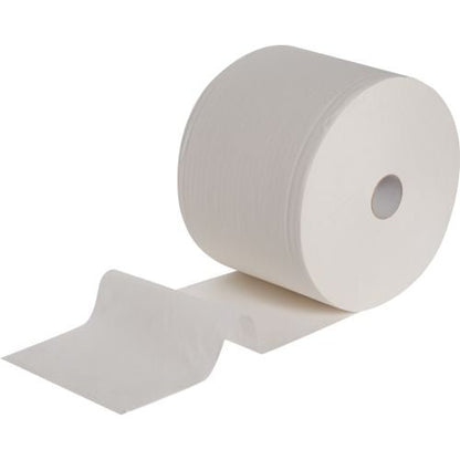 Ένα μεγάλο ρολό πανιών WypAll® L20 EXTRA από την Kimberly-Clark GmbH, 1 ρολό με 1000 φύλλα σε λευκό, παρουσιάζεται εν μέρει ξετυλιγμένο σε μονόχρωμο λευκό φόντο.
