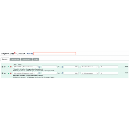 Μια γερμανική διεπαφή WooCommerce B2B από την Altruan δείχνει "Shopify B2B Order Tool: Εργαλείο παραγγελίας με ειδοποιήσεις παραγγελιών και τιμές πελατών" με επιλογές ποσότητας, συσκευασίας, συντελεστή φόρου, προσαρμοσμένες τιμές. Συνολική προσφορά: 230,02 € για δύο είδη.