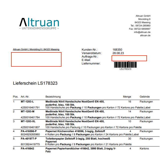 Ein Bild eines Lieferscheins von „Altruan“ mit Details wie der Adresse des Absenders, der Rechnungsnummer und einer detaillierten Liste der versendeten Produkte, einschließlich Mengen und Verpackungsarten.