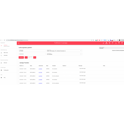 Screenshot der Altruan PackMaster App-Schnittstelle für das Fulfillment-Management mit Registerkarten wie „Planung“, „Versandlabelerstellung“ und anderen sowie einem Abschnitt zum Eingeben von Auftragsdetails wie Auftragsnummer usw.
