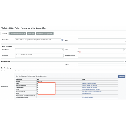 Screenshot der Schnittstelle eines Ticketsystems eines Cloud-Dienstes, in der verschiedene Felder wie „Ticketdetails“, „Journal“ und „Kunde“ angezeigt werden, wobei Informationen zu einer Transaktion, einschließlich der Artikelkosten, in einem roten Feld hervorgehoben sind. Dabei wird OrderGuardian von Altruan verwendet.