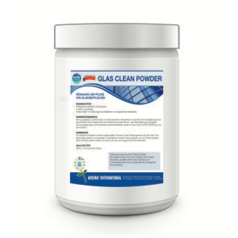 Ένα λευκό πλαστικό δοχείο με 1 κιλό Arcora Glass Clean Powder Spezialreiniger από την Arcora International GmbH, με μπλε πινελιές και γραφικά γυάλινων πλακών. Ιδανικό για τον καθαρισμό γυάλινων επιφανειών και την αφαίρεση υπολειμμάτων αλάτων. Καπάκι για βίδωμα· λευκό φόντο.