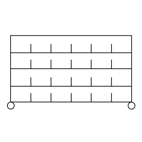 Μια ασπρόμαυρη γραμμική σχεδίαση δείχνει το καρότσι ταξινόμησης Novocal από ατσάλι ακριβείας με 3 επίπεδα και 5 διαχωριστικά τμήματα το καθένα, ιδανικό για οργάνωση γραφείου. Το ράφι υποστηρίζεται από 4 χρωμιωμένες γωνιακές κολόνες. Η συσκευασία περιέχει 1 κομμάτι.