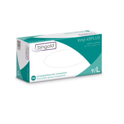 Ένα κουτί γαντιών μιας χρήσης Bingold Vinyl 45PLUS, μέγεθος 9/Λ, από την BINGOLD GmbH + Co. KG. Η συσκευασία είναι κυρίως λευκή με πράσινες και μπλε πινελιές, με την ένδειξη ως εναλλακτική λύση για το Latex και χωρίς πούδρα. Περιέχει 100 διαφανή γάντια βινυλίου.