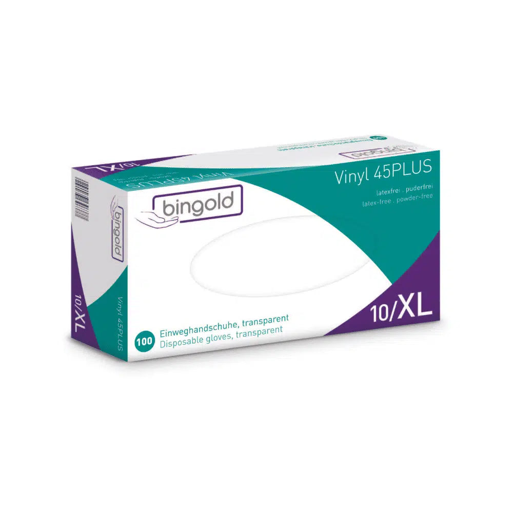 Ένα κουτί γαντιών μιας χρήσης Bingold Vinyl 45PLUS στο μέγεθος XL, με λευκή-μπλε πράσινη συσκευασία με μοβ πινελιές, διαφημίζει αυτά τα γάντια ως εναλλακτική λύση χωρίς λάτεξ και πούδρα. Η συσκευασία περιέχει 100 διαφανή γάντια.