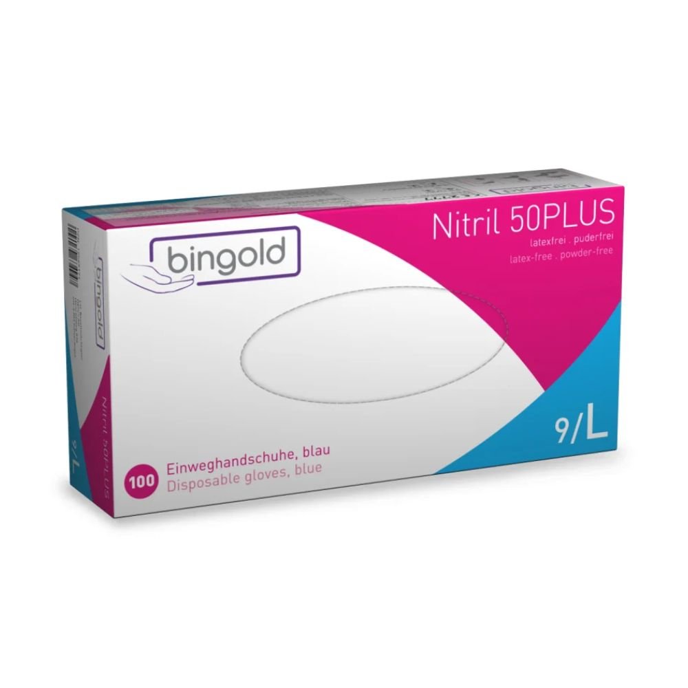 Ένα κουτί Bingold Nitril 50PLUS γάντια μίας χρήσης, μπλε από την BINGOLD GmbH + Co. KG εκτίθεται για την καταπολέμηση χημικών κινδύνων. Η κομψή λευκή συσκευασία διαθέτει ροζ και μπλε στοιχεία που υποδεικνύουν μέγεθος 9/L. Αυτά τα γάντια χωρίς λάτεξ και πούδρα παρέχονται σε συσκευασίες των 100 και εξασφαλίζουν αξιόπιστη ασφάλεια.