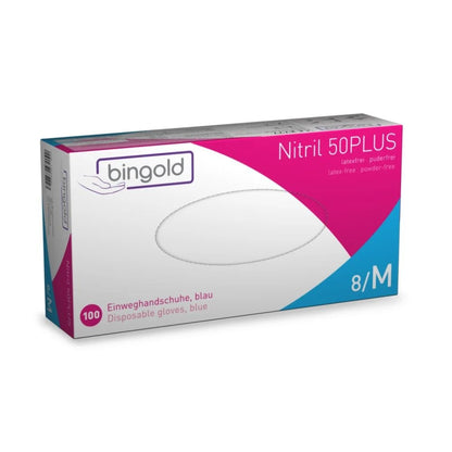 Ένα κουτί Bingold Nitril 50PLUS γάντια μίας χρήσης, μπλε της BINGOLD GmbH + Co. KG περιέχει 100 μπλε γάντια, μέγεθος 8/M. Το μπλε-λευκό κουτί με κόκκινες πινελιές φέρει την επιγραφή «χωρίς λάτεξ, χωρίς πούδρα» και χρησιμεύει για προστασία από χημικούς κινδύνους με κείμενα στα Γερμανικά και Αγγλικά.