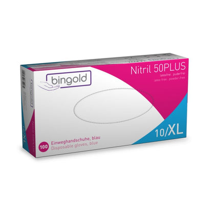 Το κουτί Bingold Nitril 50PLUS γάντια μίας χρήσης της BINGOLD GmbH + Co. KG, κυρίως σε μπλε-λευκό με ματζέντα λωρίδα, περιέχει 100 μπλε γάντια χωρίς λάτεξ και πούδρα μεγέθους 10/XL για ασφαλή χειρισμό χημικών κινδύνων.