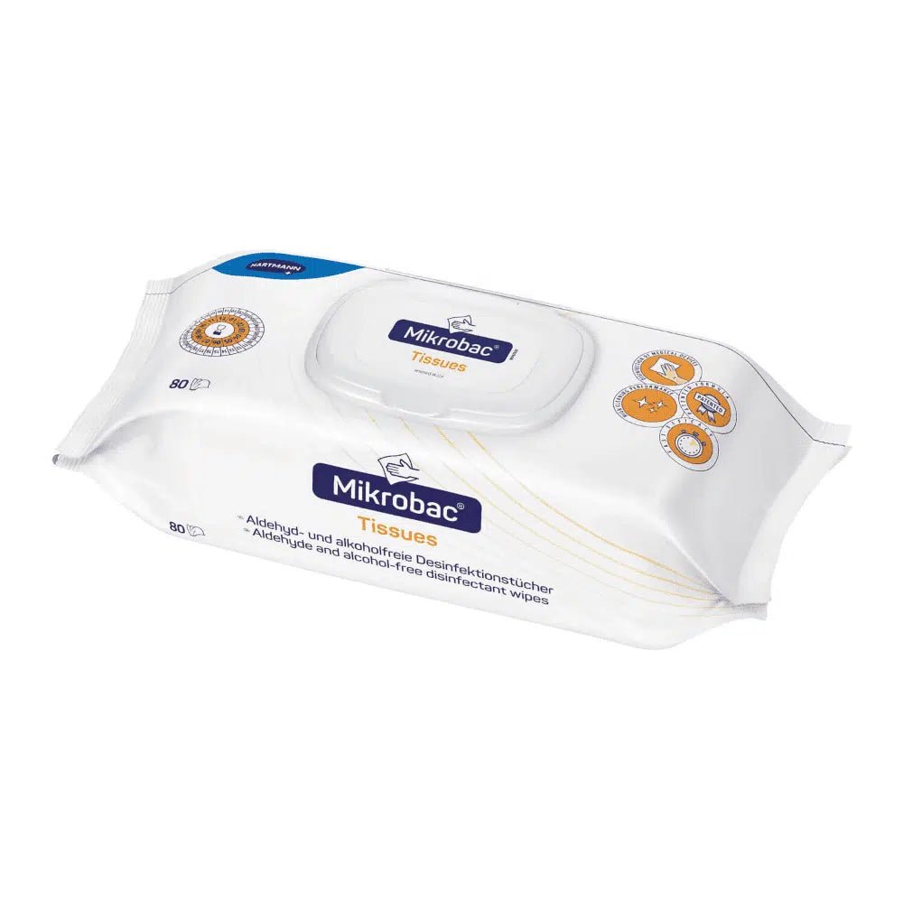 Μια συσκευασία BODE Mikrobac® Tissues Flächendesinfektionstücher με την επιγραφή «χωρίς αλκοόλ» περιέχει 80 μαντηλάκια. Η συσκευασία είναι κυρίως λευκή με μπλε και πορτοκαλί και κατασκευάζεται από την Paul Hartmann AG.