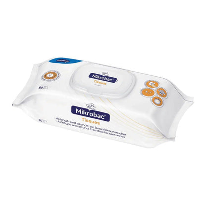 Μια συσκευασία BODE Mikrobac® Tissues Flächendesinfektionstücher με την επιγραφή «χωρίς αλκοόλ» περιέχει 80 μαντηλάκια. Η συσκευασία είναι κυρίως λευκή με μπλε και πορτοκαλί και κατασκευάζεται από την Paul Hartmann AG.