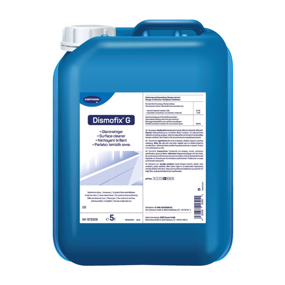 Ένα μπλε πλαστικό δοχείο 5 λίτρων Bode Dismofix® G Glanzreiniger, εξοπλισμένο με μια λευκή ετικέτα με πληροφορίες προϊόντος και οδηγίες χρήσης για καθαρισμό χωρίς ραβδώσεις. (Paul Hartmann AG)