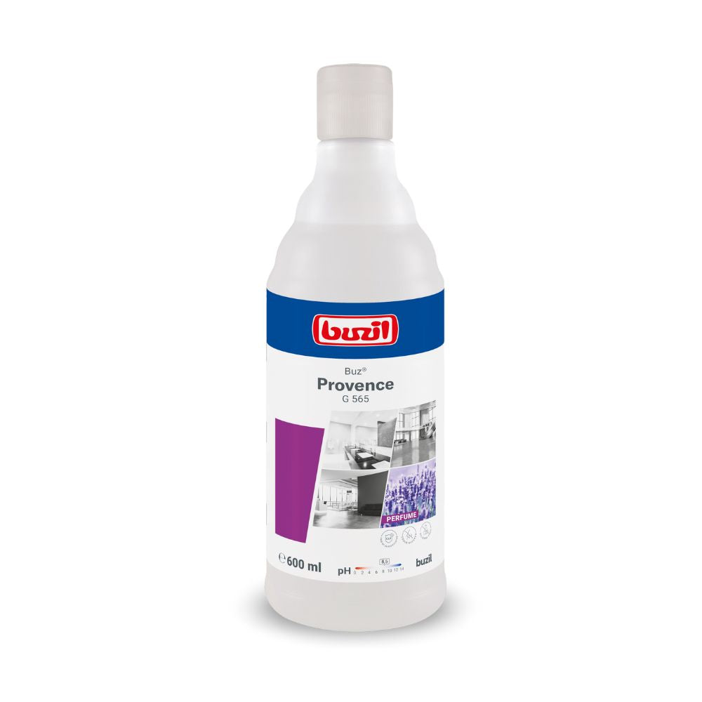 Ένα μπουκάλι 600 ml Buzil Air Provence G 565 έτοιμο προς χρήση σπρέι χώρου της BUZIL-WERK Wagner GmbH & Co. KG, εξοπλισμένο με μια λευκό-μπλε ετικέτα με το λογότυπο της μάρκας, το όνομα του προϊόντος και εικόνες καθαρών εσωτερικών χώρων.