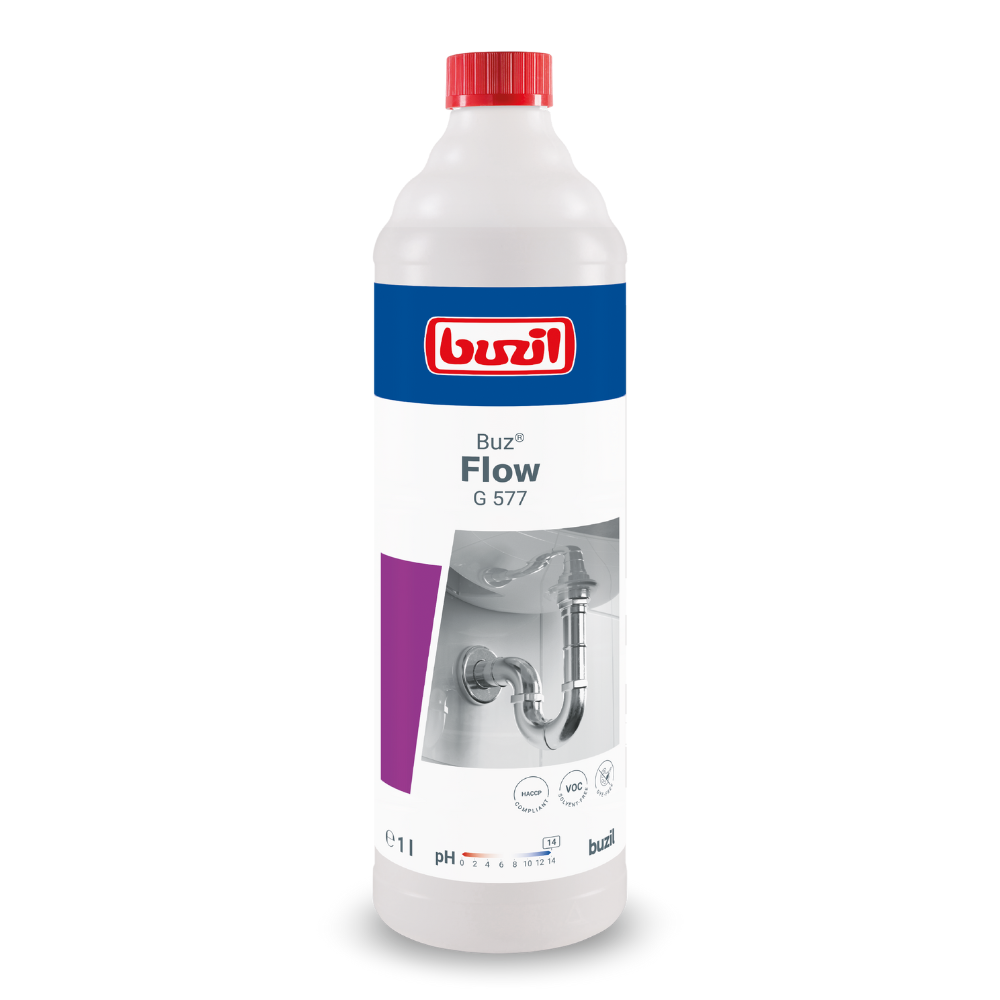 Eine 1-Liter-Flasche Buzil Buz® Flow G 577 Flüssiger Rohrreiniger, hergestellt von BUZIL-WERK Wagner GmbH & Co. KG. Das Etikett zeigt eine Sanitärgrafik und das Produktlogo. Die überwiegend weiße Flasche ist mit roten, blauen und violetten Details akzentuiert und mit einer roten Kappe versehen, die dazu dient, Verstopfungen in Abflüssen effektiv zu beseitigen.