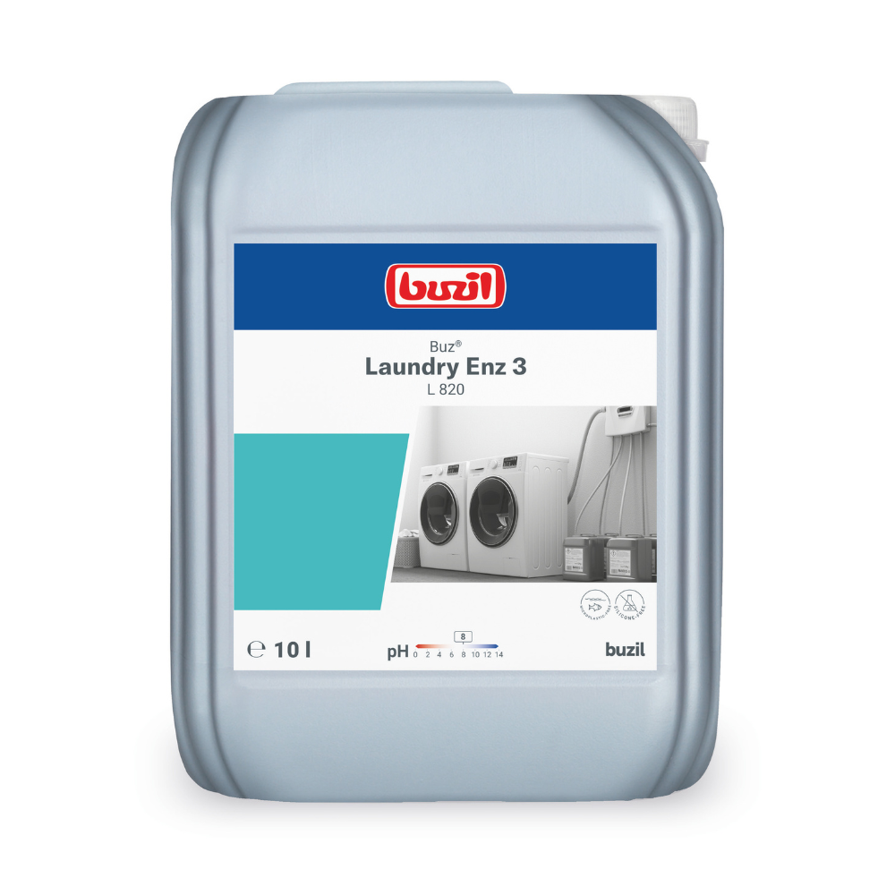 Ένα δοχείο 10 λίτρων με Buzil Buz® Laundry Enz 3 L 820, κατασκευασμένο από την BUZIL-WERK Wagner GmbH & Co. KG, είναι επισημασμένο με το λογότυπο και τις λεπτομέρειες του προϊόντος. Η ετικέτα απευθύνεται σε επαγγελματίες χρήστες και δείχνει εικόνες πλυντηρίων καθώς και πληροφορίες για την ποσότητα υγρού και το pH. Αυτό το δοχείο με συμπυκνωμένο υγρό απορρυπαντικό με ένζυμα διαθέτει λαβή μεταφοράς και καπάκι στην κορυφή.