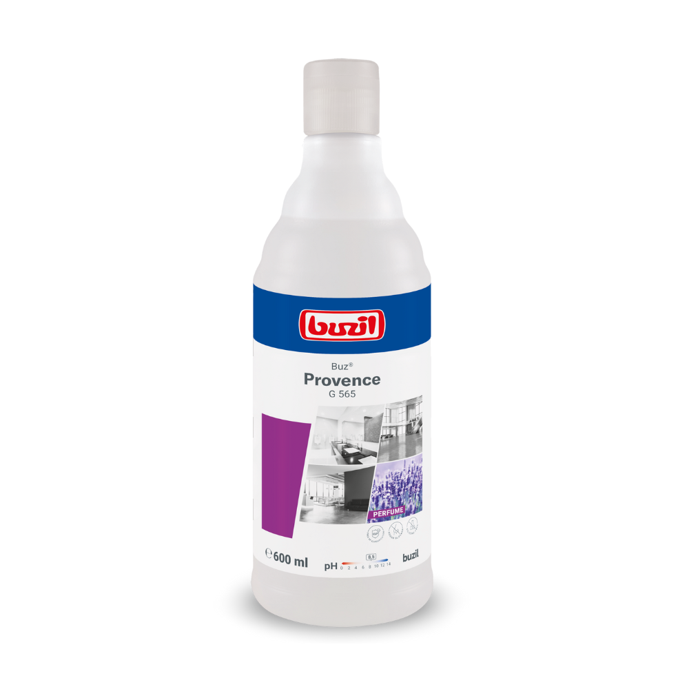 Ένα μπουκάλι 600 ml Buzil Buz® Provence G 565 έτοιμο προς χρήση έλαιο αρώματος με χαλαρωτικό άρωμα λεβάντας και έναν ενεργό αποκλειστή οσμών. Η ετικέτα του προϊόντος δείχνει το λογότυπο της μάρκας BUZIL-WERK Wagner GmbH & Co. KG, το όνομα του προϊόντος και εικόνες που δείχνουν τη χρήση του. Το μπουκάλι έχει σχεδιαστεί με ένα λευκό καπάκι και μια κυρίως λευκή ετικέτα, συμπληρωμένη με μοβ τόνους.
