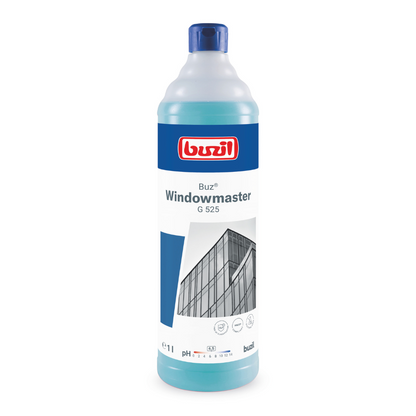 Ένα μπουκάλι Buzil Buz® Windowmaster G 525 Συμπύκνωμα καθαριστικού γυαλιών και παραθύρων από την BUZIL-WERK Wagner GmbH & Co. KG με μπλε καπάκι και ετικέτα με την εικόνα ενός κτιρίου με γυάλινα παράθυρα. Το μπουκάλι υπόσχεται καθαρισμό χωρίς ραβδώσεις και είναι χαρακτηρισμένο με όγκο 1 λίτρου και πληροφορίες pH για βέλτιστη απόδοση.