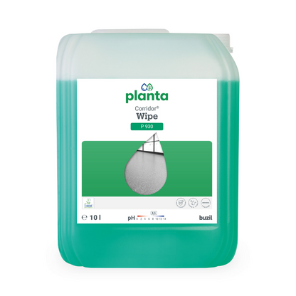 Εκτίθεται ένα δοχείο 10 λίτρων με Buzil Corridor® Wipe P 930, γνωστό για την οικολογική, πολυμερική φροντίδα σφουγγαρίσματος με αποκλεισμό οσμών. Το διαφανές δοχείο σας επιτρέπει να δείτε το πράσινο υγρό στο εσωτερικό. Στην ετικέτα είναι εμφανής το όνομα της μάρκας, το όνομα του προϊόντος και το pH της BUZIL-WERK Wagner GmbH & Co. KG, που υπογραμμίζει τη δέσμευση της εταιρείας για οικολογική φροντίδα καθαρισμού.