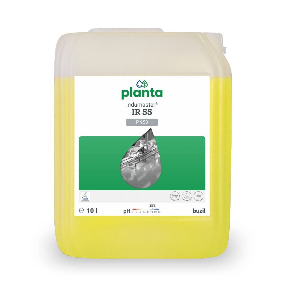 Ένα δοχείο 10 λίτρων με Buzil Indumaster® IR 55 P 950, ένα οικολογικό, καθολικό βιομηχανικό καθαριστικό. Το διάφανο δοχείο περιέχει ένα κίτρινο υγρό με μια λευκή ετικέτα με πράσινες πινελιές, στην οποία απεικονίζονται εικόνες από σταγόνες νερού και βιομηχανικούς σωλήνες και στην οποία φαίνεται καθαρά το όνομα της μάρκας «BUZIL-WERK Wagner GmbH & Co. KG».