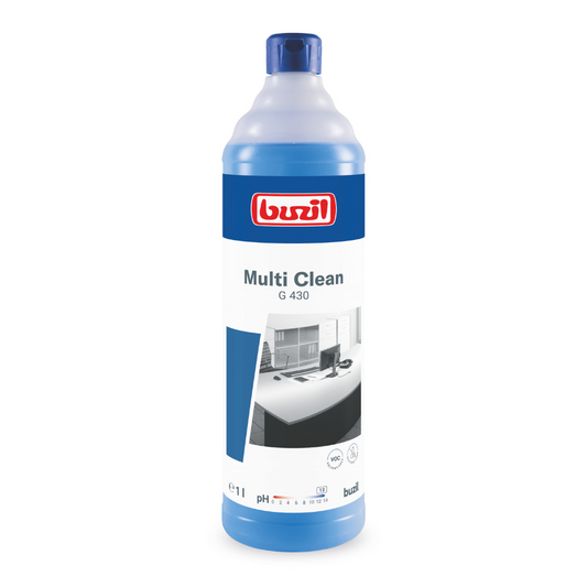 Eine blaue Flasche Buzil Multi Clean G 430 Alkalischer Intensiv-Allzweckreiniger wird ausgestellt, mit einem Etikett mit roter Marke und einem Schwarzweißbild eines makellosen Raums. Dieses von BUZIL-WERK Wagner GmbH & Co. KG hergestellte Produkt ist als Intensivreiniger konzipiert, um hartnäckige Verschmutzungen auf alkalibeständigen Oberflächen wirksam zu beseitigen. Die Flasche wird mit einem passenden blauen Verschluss geliefert.