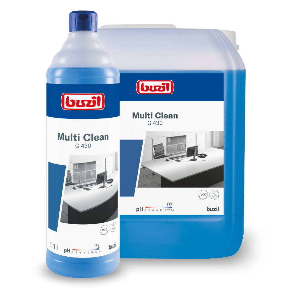 Εκτίθενται δύο φιάλες Buzil Multi Clean G 430 Αλκαλικός Εντατικός Καθαριστικός Πολυχρηστικός καθαριστής της BUZIL-WERK Wagner GmbH & Co. KG: Ένα μικρότερο μπουκάλι ενός λίτρου με στόμιο βρίσκεται μπροστά από έναν μεγαλύτερο δοχείο πέντε λίτρων. Και τα δύο είναι ιδανικά για εντατικές εργασίες καθαρισμού και διαθέτουν μπλε-λευκές ετικέτες με την εικόνα ενός γραφείου και καρέκλας, καθιστώντας τα τέλεια για αλκαλι-ανθεκτικές επιφάνειες.