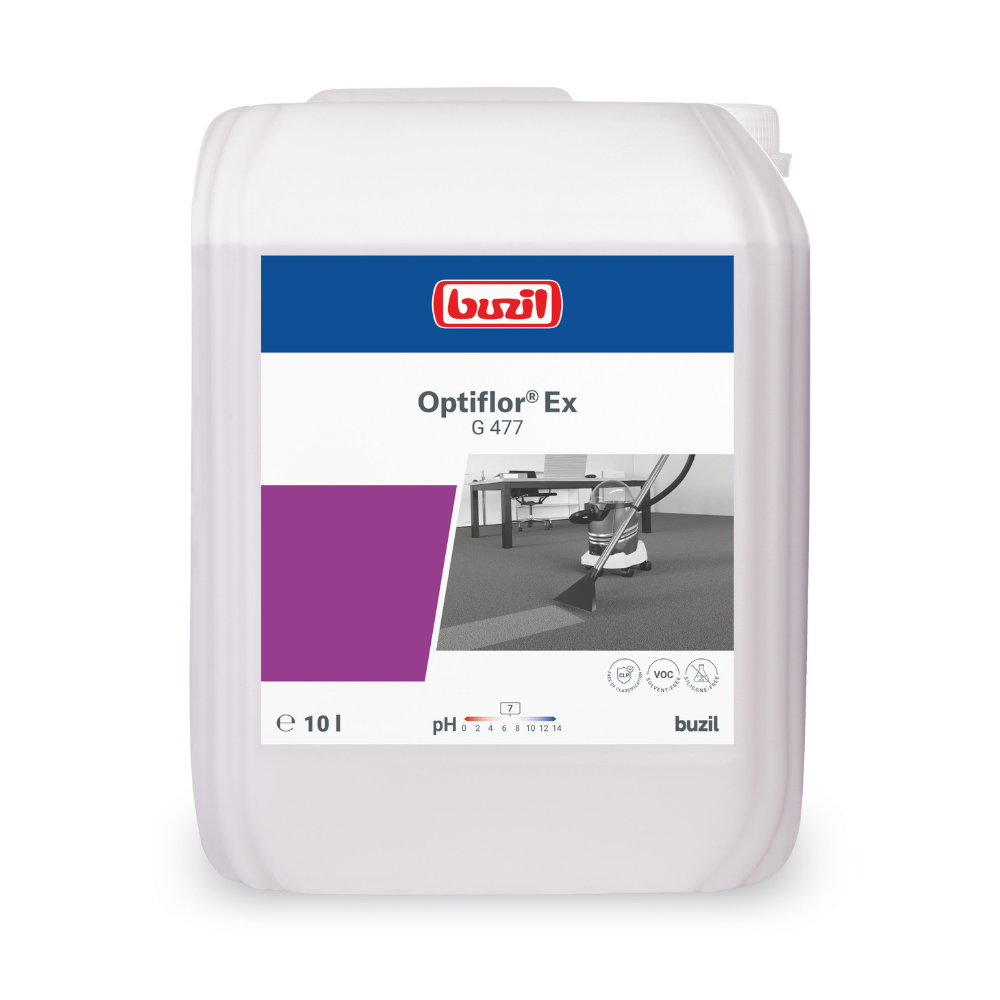 Ένα δοχείο 10 λίτρων Buzil Optiflor® Ex G 477 καθαριστικό χαλιών από την BUZIL-WERK Wagner GmbH & Co. KG, ειδικά σχεδιασμένο για ουδέτερο pH καθαρισμό χαλιών. Η ετικέτα δείχνει μια φωτογραφία μηχανής καθαρισμού σε χαλί, με τις πληροφορίες pH και διάφορα σύμβολα πιστοποίησης να προβάλλονται σαφώς, καθιστώντας το ιδανικό για μεθόδους εκχύλισης ψεκασμού.