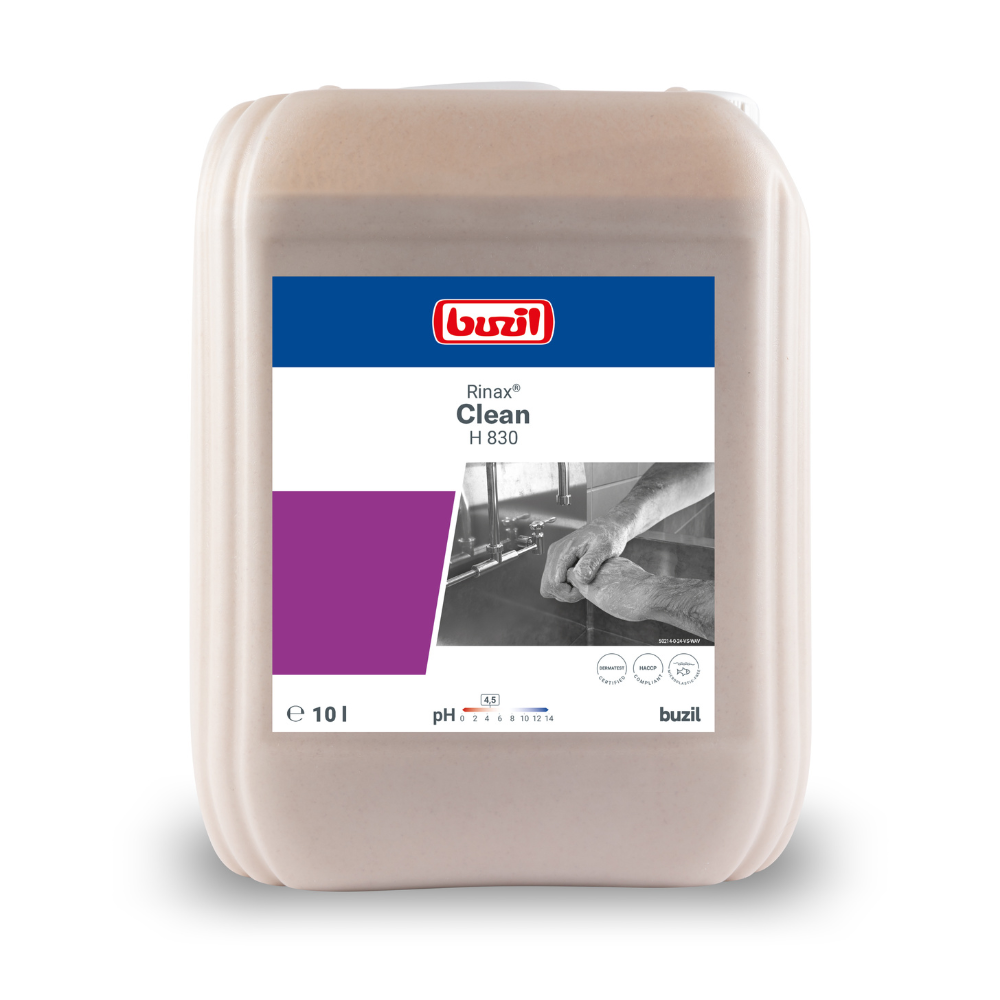 Ein 10-Liter-Behälter Buzil Rinax® Clean H 830 Handwaschfließcreme von BUZIL-WERK Wagner GmbH & Co. KG sorgt für eine schonende Reinigung und verfügt über ein blau-violettes Etikett mit ausführlichen Produktinformationen. Das Etikett zeigt ein Schwarz-Weiß-Bild einer Person, die eine Oberfläche reinigt, und steht damit für professionelle Hygiene.