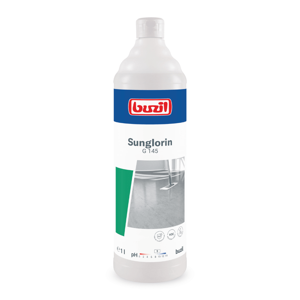 Το Buzil Sunglorin G 145 Αυτογυαλιστικό γαλάκτωμα καθαριστικό δαπέδου της BUZIL-WERK Wagner GmbH & Co. KG παρέχεται σε ένα λευκό μπουκάλι και έχει σχεδιαστεί για καθαρισμό με έμφαση στις ιδιότητες του pH. Η ετικέτα δείχνει εικόνες αψεγάδιαστων δαπέδων και σύμβολα που τονίζουν την αποτελεσματικότητά του ως καθαριστικό δαπέδου για ανθεκτικές στο νερό επιφάνειες και είναι κατάλληλο τόσο για οικιακή όσο και για βιομηχανική χρήση.