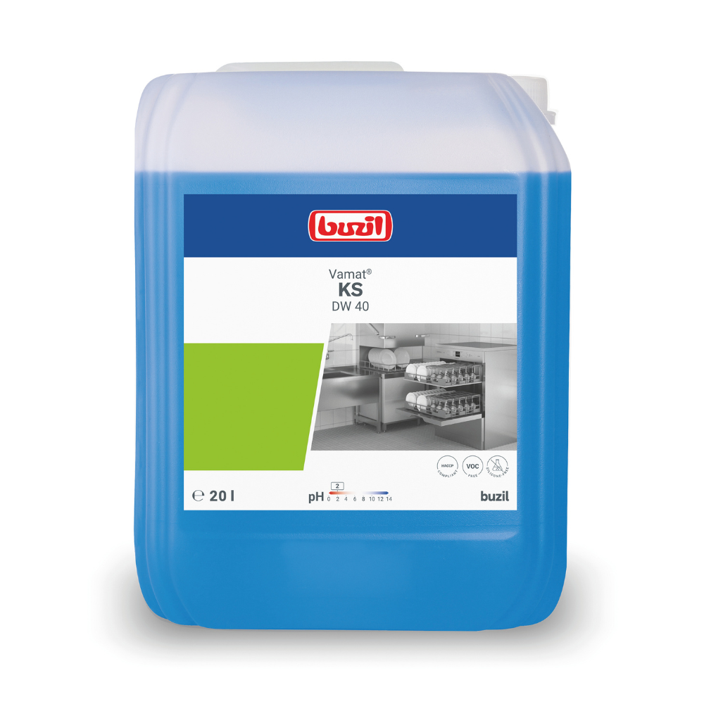 Ein 20-Liter-Behälter Buzil Vamat® KS DW 40 Klarspüler, sauer von BUZIL-WERK Wagner GmbH & Co. KG, perfekt geeignet für Gerätespülmaschinen. Dieser blaue Behälter enthält ein weißes Etikett mit dem Markenlogo und Produktdetails wie Klarspüler-Gebrauchsanweisungen, pH-Werten und Richtlinien zur Materialverträglichkeit.