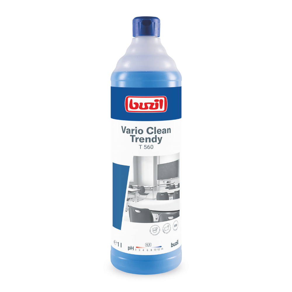 Το Buzil Vario Clean Trendy T 560 Ουδέτερο καθαριστικό συντήρησης και πλαστικών της BUZIL-WERK Wagner GmbH & Co. KG διατίθεται σε ένα μπλε-λευκό μπουκάλι, στο οποίο απεικονίζεται μια ασπρόμαυρη εικόνα μιας αψεγάδιαστης σχολικής αίθουσας με τραπέζια και πίνακα. Αυτό το καθαριστικό ενός λίτρου εξασφαλίζει γυαλάδα χωρίς ραβδώσεις και η ένδειξη pH στο μπροστινό μέρος εξασφαλίζει έναν εύκολο στον καθαρισμό αποτέλεσμα.