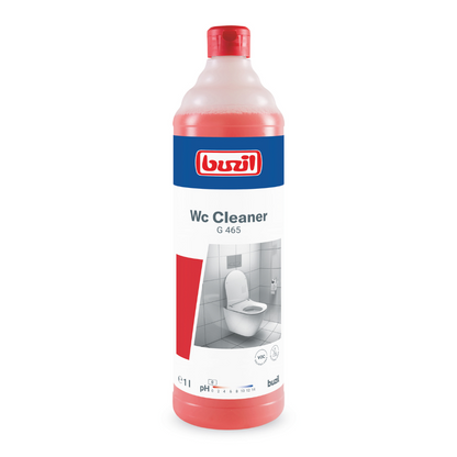 Ένα μπουκάλι Buzil WC Cleaner G 465 Ιξώδες καθαριστικό υγιεινής, κατασκευασμένο από την BUZIL-WERK Wagner GmbH & Co. KG, έχει σχεδιαστεί για την αποτελεσματική απομάκρυνση ασβεστίου και πέτρας ούρων. Το κόκκινο μπουκάλι διαθέτει μια έντονη μπλε-λευκή ετικέτα με εικόνα τουαλέτας καθώς και το όνομα της μάρκας και το κείμενο του προϊόντος και είναι κλεισμένο με ένα αντίστοιχο κόκκινο καπάκι.