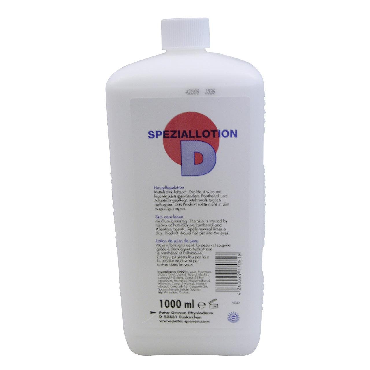 Ένα λευκό μπουκάλι CWS Waschlotion 1000 ml χωρίς χλωρίδιο στέκεται όρθιο. Η ετικέτα στο μπροστινό μέρος δείχνει έναν κόκκινο κύκλο με ένα μπλε "D" και περιέχει γερμανικό, αγγλικό και γαλλικό κείμενο για υγιεινό πλύσιμο χεριών.