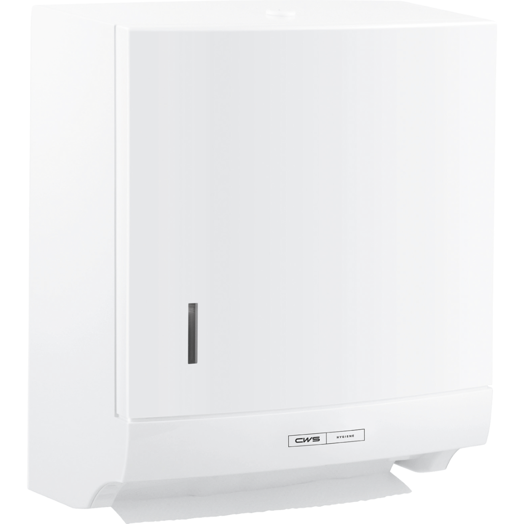Ο διανομέας χαρτοπετσέτας CWS ParadiseLine Paper Slim σε λευκό με κουμπί πίεσης προσφέρει υγιεινή, τοποθετημένη στον τοίχο εξαγωγή χαρτιού και διαθέτει λεπτό σχεδιασμό καθώς και πάνελ για έλεγχο πλήρωσης.