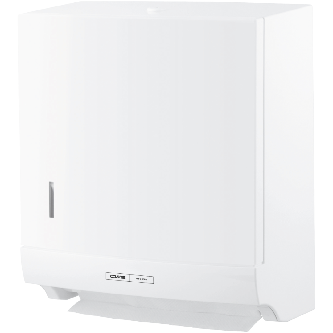 Ο διανομέας χαρτοπετσέτας CWS ParadiseLine Paper Slim, λευκός, με κουμπί πίεσης, εντυπωσιάζει με τον λεπτό, ορθογώνιο σχεδιασμό του. Το λογότυπο CWS είναι ορατό μπροστά και ένα φύλλο χαρτιού προεξέχει από κάτω για υγιεινή χρήση.