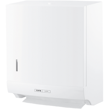 Ο διανομέας χαρτοπετσέτας CWS ParadiseLine Paper Slim, λευκός, με κουμπί πίεσης, εντυπωσιάζει με τον λεπτό, ορθογώνιο σχεδιασμό του. Το λογότυπο CWS είναι ορατό μπροστά και ένα φύλλο χαρτιού προεξέχει από κάτω για υγιεινή χρήση.