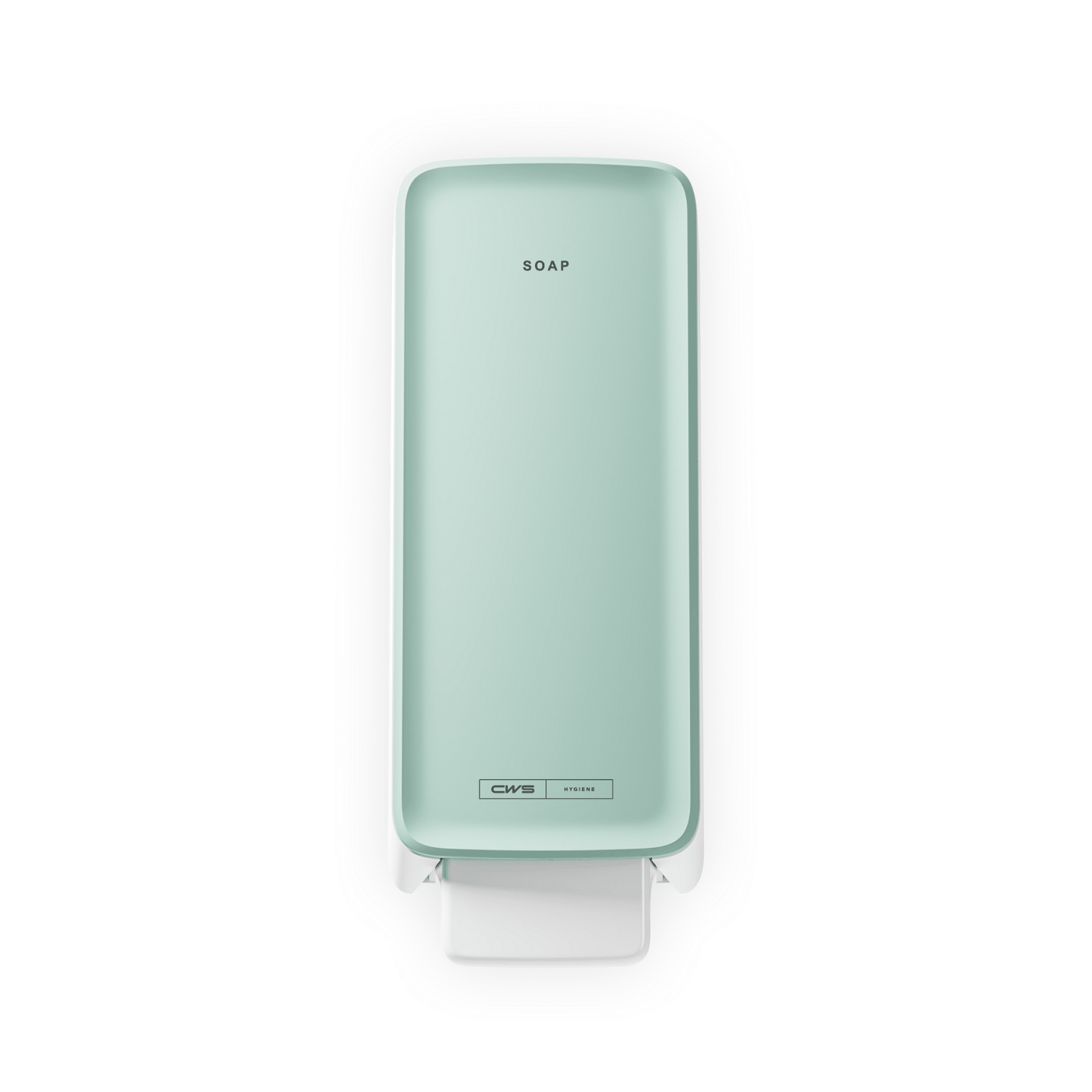 Ο διανομέας σαπουνιού CWS PureLine Foam είναι ένας τοίχου, ορθογώνιος διανομέας σε ανοιχτό πράσινο με την επιγραφή "SOAP" στην μπροστινή πλευρά, έναν λευκό μοχλό πίεσης από κάτω και το branding της CWS κοντά στη βάση - ιδανικός για κάθε χώρο υγιεινής.
