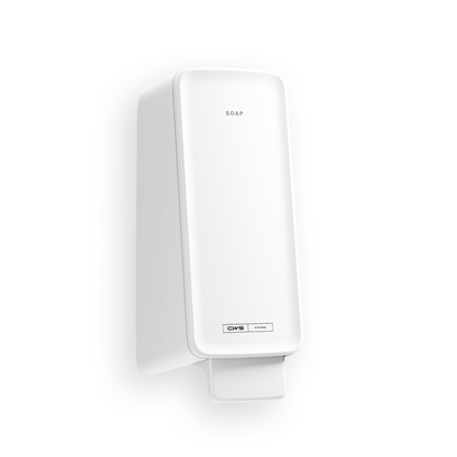 Ένας λευκός, ορθογώνιος διανομέας σαπουνιού CWS PureLine Foam από την CWS είναι τοποθετημένος στον τοίχο με έναν κάτω μοχλό πίεσης, την επιγραφή "SOAP" πάνω και μια ετικέτα κοντά στη βάση - ιδανικός για κάθε χώρο υγιεινής με ένα απλό λευκό φόντο.