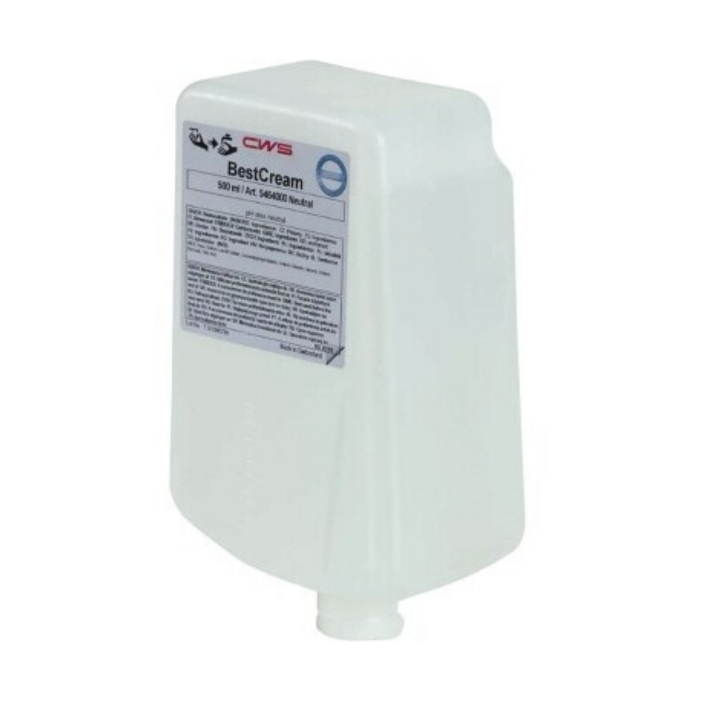 Λευκό, ορθογώνιο μπουκάλι 500 ml CWS Κρεμώδες σαπούνι BestCream Neutral Ανταλλακτικό πακέτο σαπουνιού με μπροστινή ετικέτα και κάτω στόμιο, που προορίζεται για την έκδοση κρέμας ή λοσιόν.