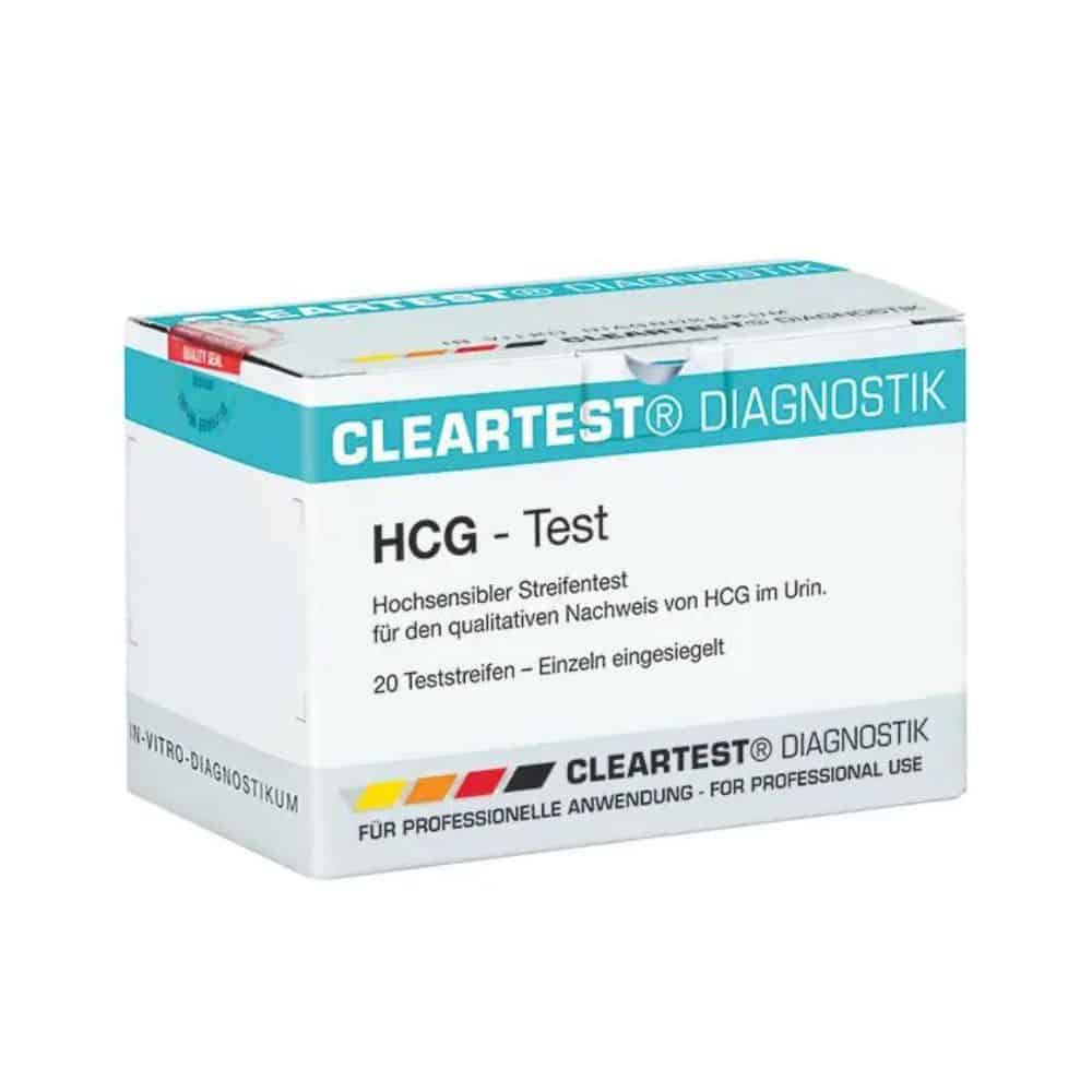 Συσκευασία με ταινίες τεστ εγκυμοσύνης Cleartest hCG - 20 τεμάχια από την Servoprax GmbH, όπου το κείμενο στα Γερμανικά υποδεικνύει ότι προορίζεται για την ποιοτική ανίχνευση του hCG στα ούρα και προορίζεται μόνο για επαγγελματική χρήση.
