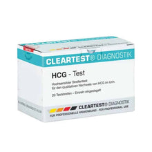 Συσκευασία με ταινίες τεστ εγκυμοσύνης Cleartest hCG - 20 τεμάχια από την Servoprax GmbH, όπου το κείμενο στα Γερμανικά υποδεικνύει ότι προορίζεται για την ποιοτική ανίχνευση του hCG στα ούρα και προορίζεται μόνο για επαγγελματική χρήση.