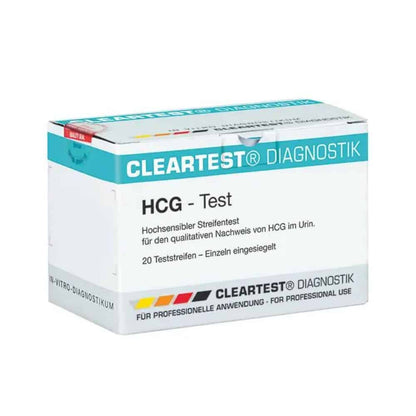 Συσκευασία με ταινίες τεστ εγκυμοσύνης Cleartest hCG - 20 τεμάχια από την Servoprax GmbH, όπου το κείμενο στα Γερμανικά υποδεικνύει ότι προορίζεται για την ποιοτική ανίχνευση του hCG στα ούρα και προορίζεται μόνο για επαγγελματική χρήση.