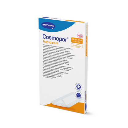 Ο Cosmopor transparent steriler Transparentverband της Paul Hartmann AG είναι ένας επίδεσμος μεγέθους 10 cm x 25 cm σε κυρίως λευκή συσκευασία με μπλε και πορτοκαλί λεπτομέρειες, που τονίζει τις αντιβακτηριακές ιδιότητές του με μια εικόνα του επιδέσμου και πολυγλωσσικό κείμενο.