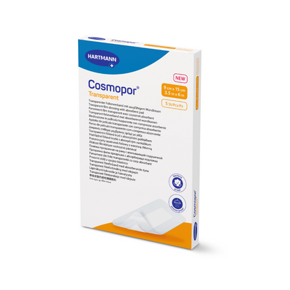 Απεικονίζεται ένα ορθογώνιο κουτί με στείρους Cosmopor Transparent επιδέσμους της Paul Hartmann AG, που τονίζουν τις υποαλλεργικές, αντιβακτηριακές και αδιάβροχες ιδιότητές τους. Το κουτί περιέχει επιθέματα τραυμάτων στο μέγεθος 9 cm x 15 cm (3,5 ίντσες x 6 ίντσες), πέντε κομμάτια το καθένα.